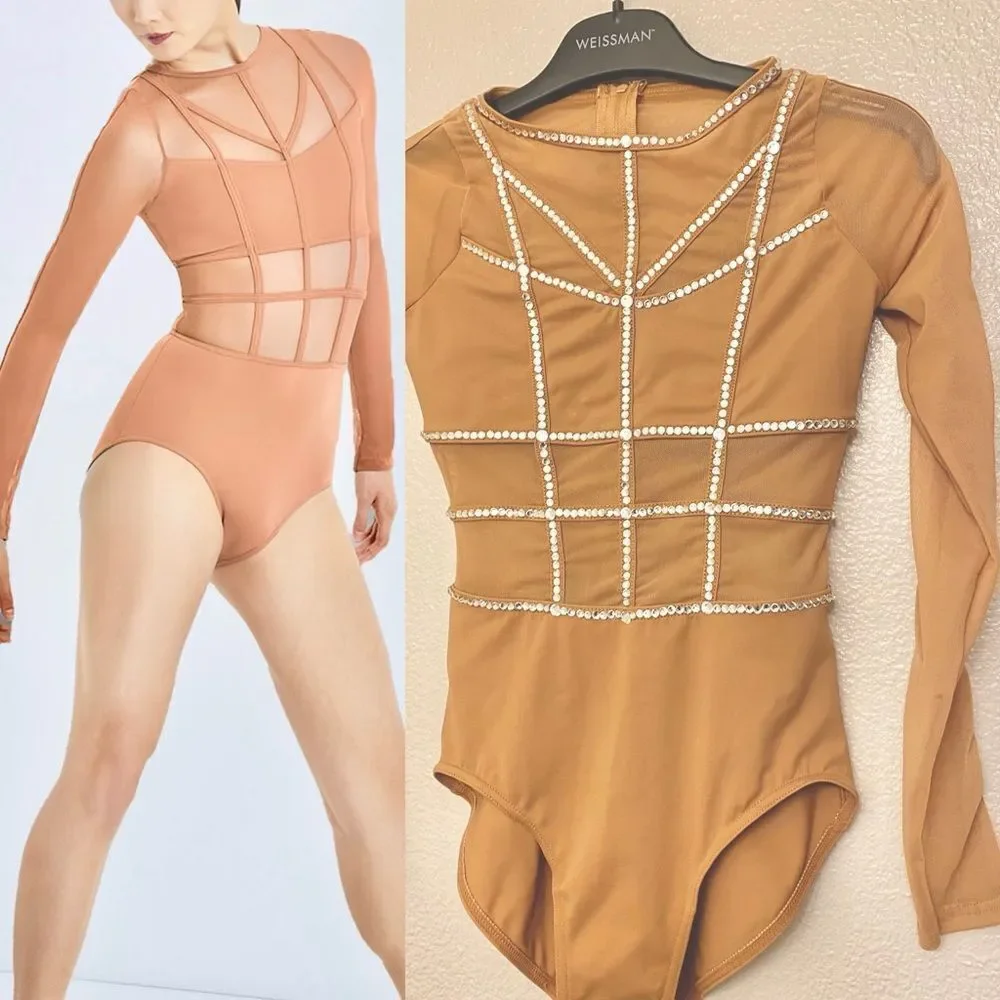 WEISSMAN solo custom illusion nude Dance Costume tan caged leotard MT10574 MC